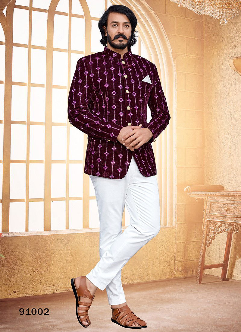 Purple Colour Outluk Vol 91 New latest Designer Party Wear Velvet Jodhpuri Suit Collection 91002